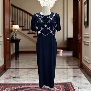 Vintage Miss Scarlett Navy Floral Applique Maxi Dress SZ 16 Elegant Timeless